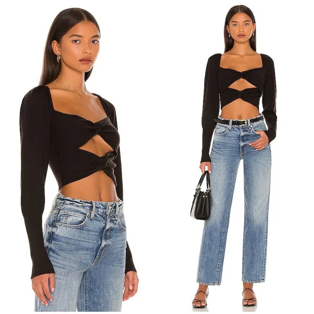 Revolve LPA Ayla Top Size XS Black Knit Puff Sleeve Cut Out Crop Sweater Sexy
